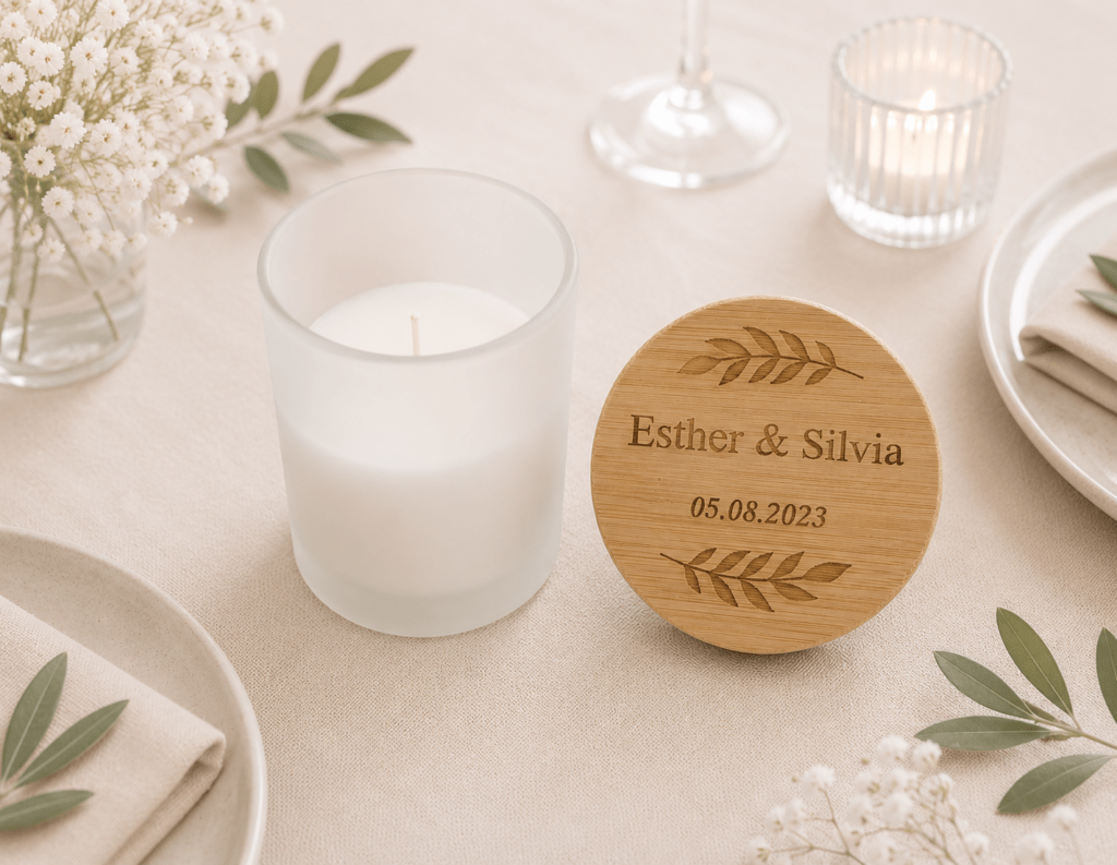 Vela personalizada con nombre de los novios y fecha de la boda para tus invitados.