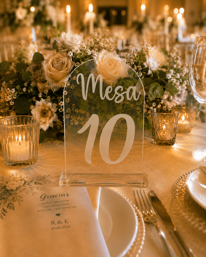 Placas forma puerta de números de mesa en metacrilato grabado
