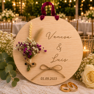 Placa porta alianzas circular con flores y cinta de terciopelo