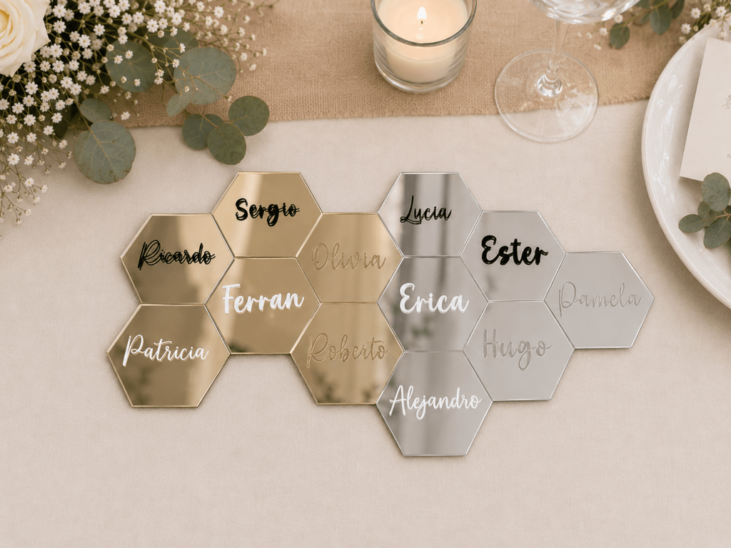 Marcasitios hexagonales de metacrilato en efecto espejo