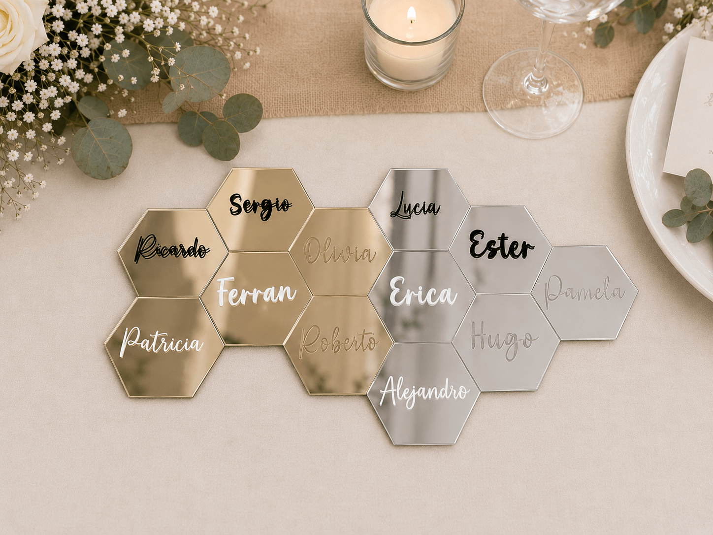 Marcasitios hexagonales de metacrilato en efecto espejo
