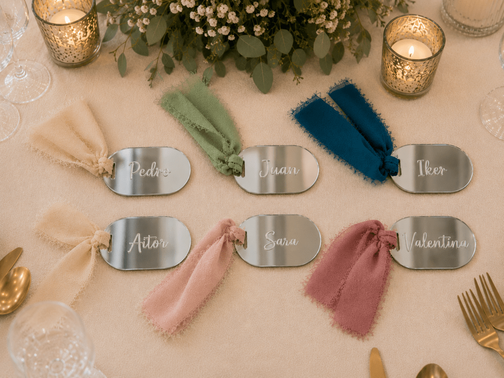 Marcasitios ovalado personzalido para tu boda estilo boho.