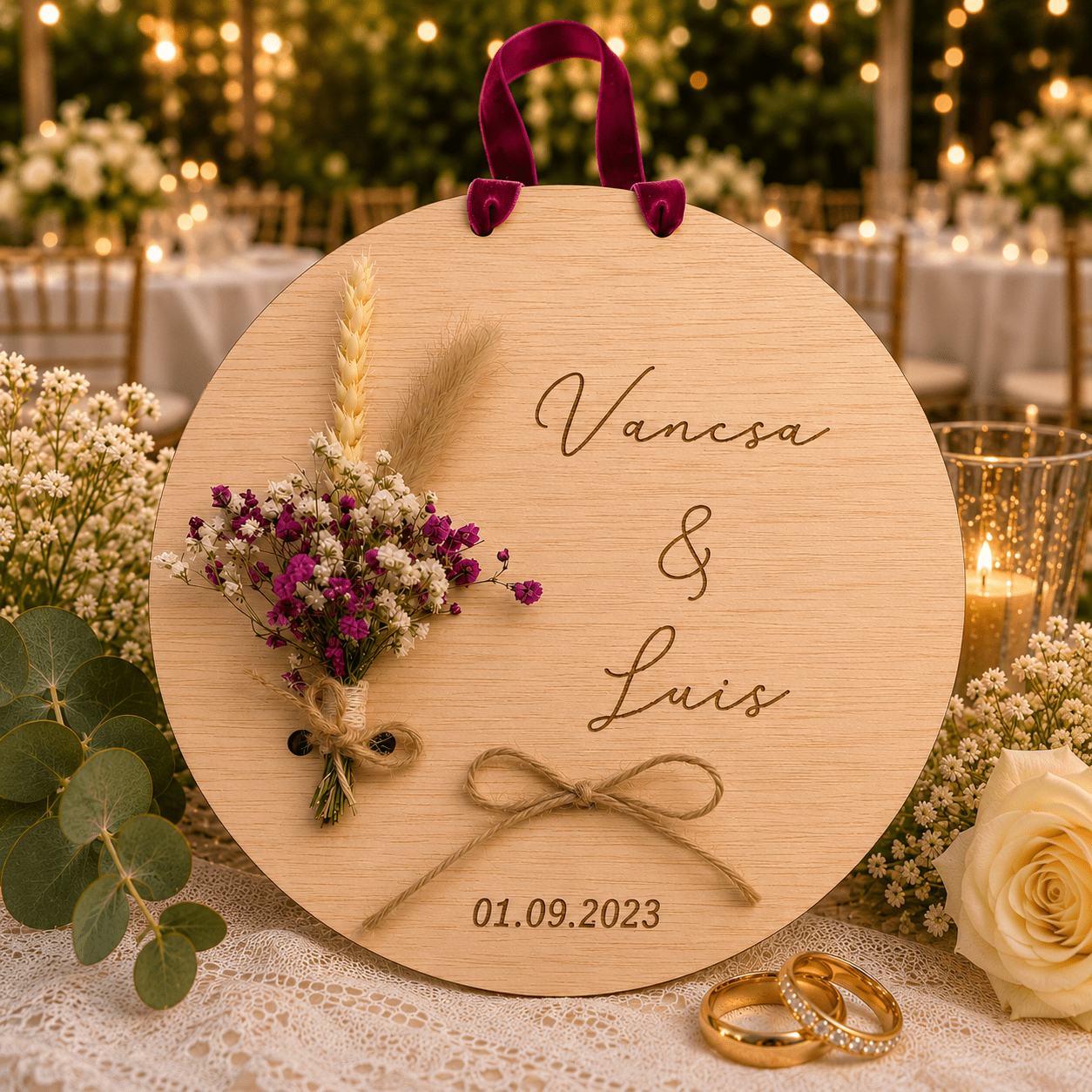 Placa porta alianzas circular con flores y cinta de terciopelo