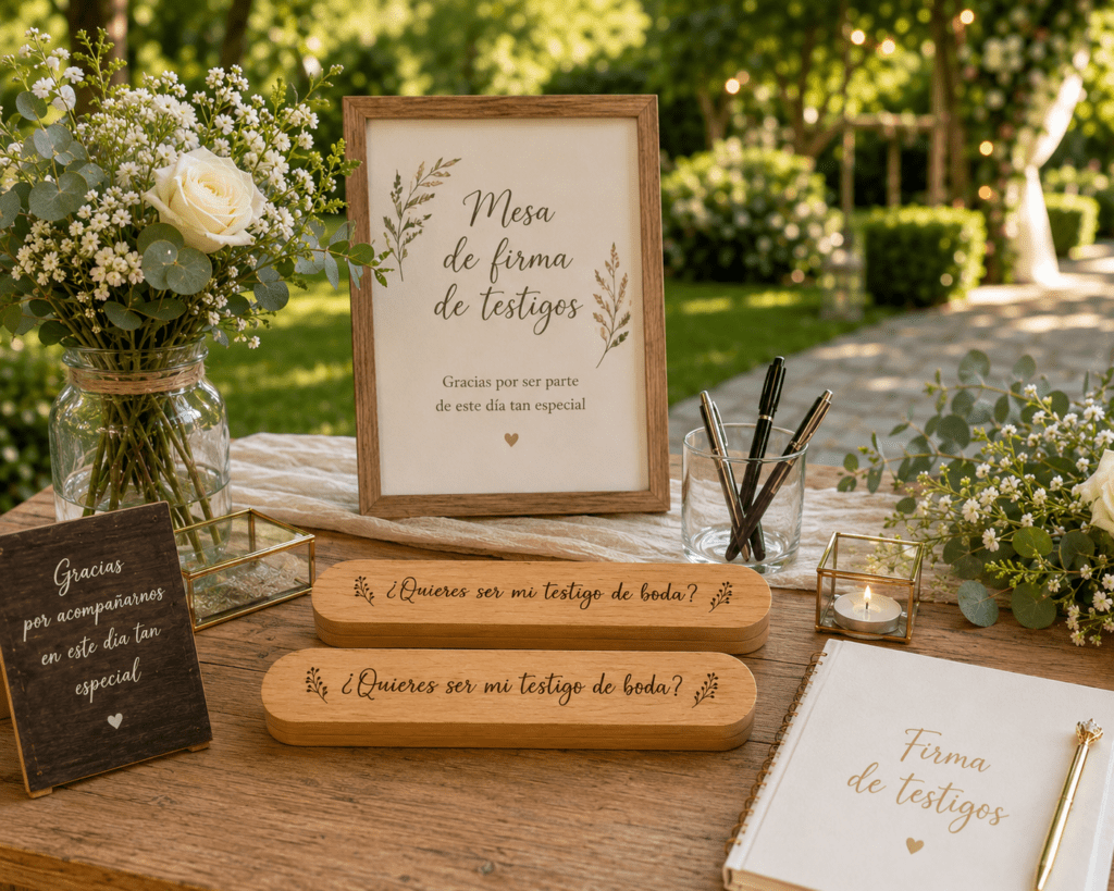 Caja y bolígrafo personalizados para testigos