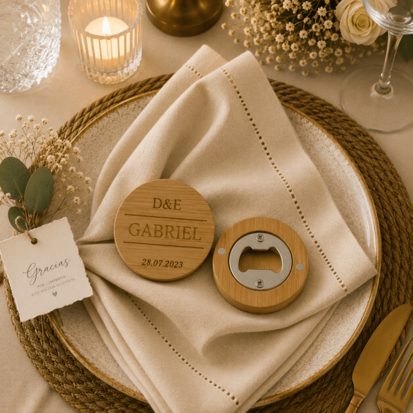 Abridor pesonalizado con iniciales de los novios y el nombre del invitado que utilizarán durante años