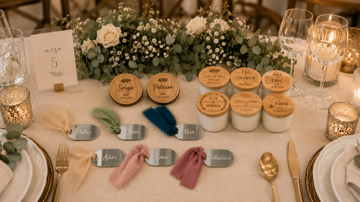 Detalles personalizados de boda Complementos Dalia: placa de madera, marcasitio boho, metacrilato minimalista y detalle clásico