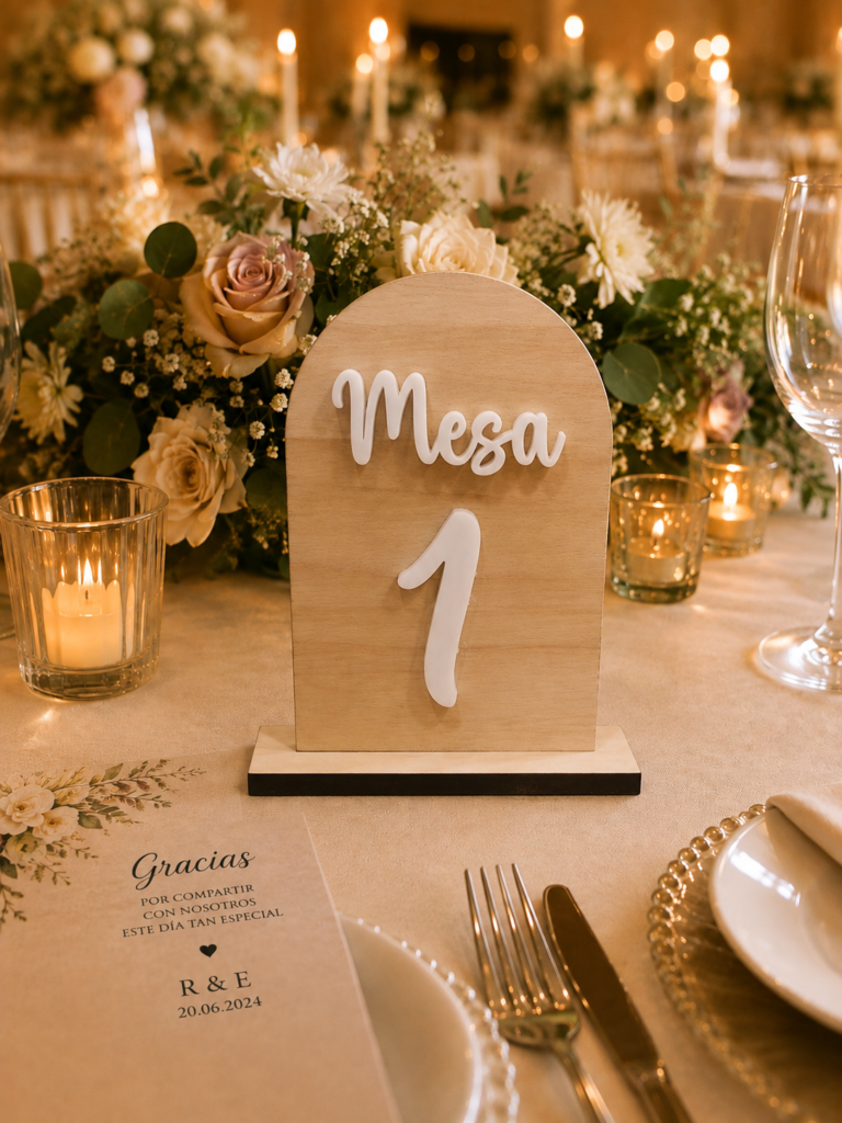 Placa forma puerta de números de mesa en madera de maple