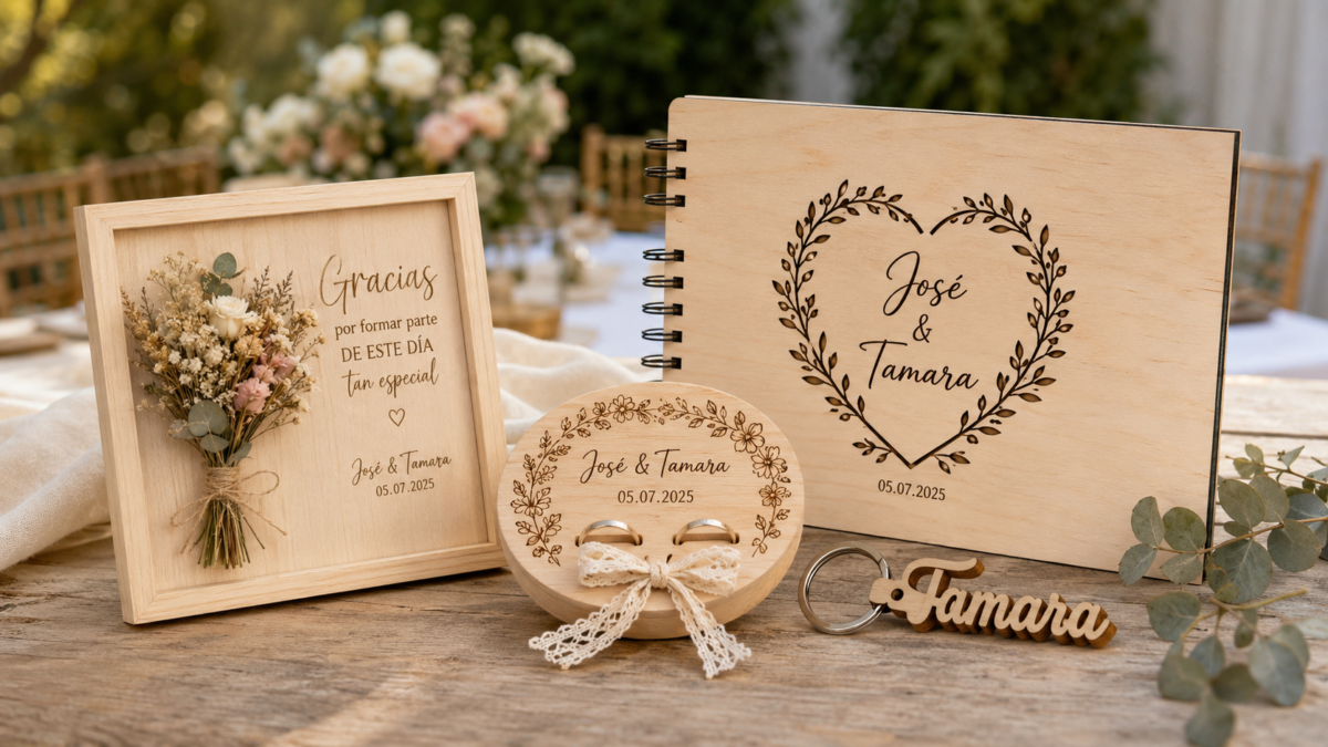 Los detalles personalizados en madera ideales para tu boda, sobre la mesa exponiendo la calidad de los materiales y el diseño.
