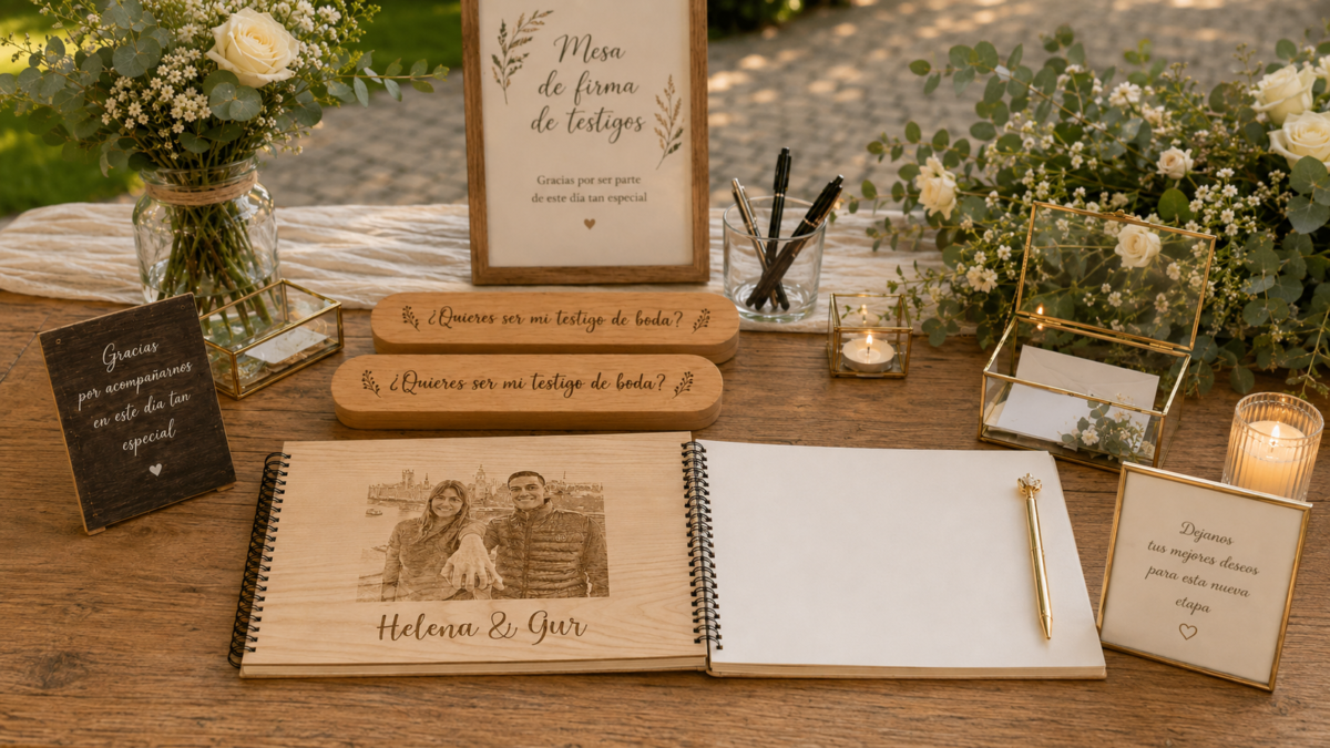 Mesa de recepción de boda con álbum de firmas personalizado y detalles decorativos - Complementos Dalia