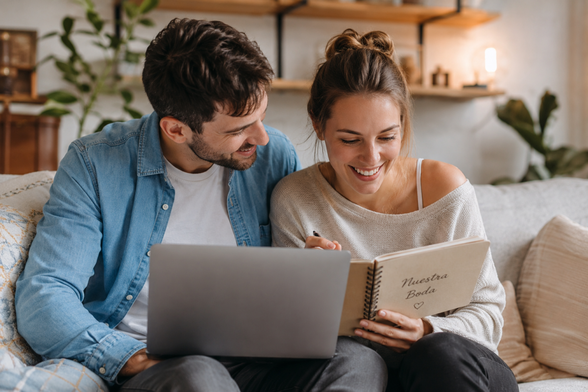 Pareja organizando los primeros pasos de su boda con libreta y calendario - Complementos Dalia